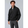 Erkek Üç İplik İçi Şardonlu Dik Yaka Yarım Fermuarlı Kışlık Sweatshirt - Siyah