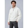 Erkek Üç İplik İçi Şardonlu Dik Yaka Yarım Fermuarlı Kışlık Sweatshirt - Beyaz