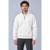 Erkek Üç İplik İçi Şardonlu Dik Yaka Yarım Fermuarlı Kışlık Sweatshirt - Beyaz