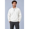 Erkek Üç İplik İçi Şardonlu Dik Yaka Yarım Fermuarlı Kışlık Sweatshirt - Beyaz
