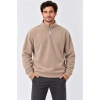 Erkek Polar Dik Yaka Yarım Fermuarlı Uzun Kollu Regular Fit Kışlık Sweatshirt - Bej