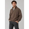 Erkek Üç İplik İçi Şardonlu Dik Yaka Yarım Fermuarlı Kışlık Sweatshirt - Kahverengi
