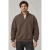 Erkek Üç İplik İçi Şardonlu Dik Yaka Yarım Fermuarlı Kışlık Sweatshirt - Kahverengi