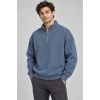 Erkek Üç İplik İçi Şardonlu Dik Yaka Yarım Fermuarlı Kışlık Sweatshirt - Mavi