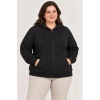 Battal Büyük Beden Üç İplik İçi Şardonlu Kapüşonlu Tam Fermuarlı Kışlık Sweatshirt - Siyah