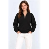 Üç İplik İçi Şardonlu Dik Yaka Yarım Fermuarlı Kışlık Sweatshirt - Siyah