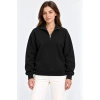Üç İplik İçi Şardonlu Dik Yaka Yarım Fermuarlı Kışlık Sweatshirt - Siyah