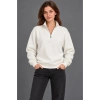 Üç İplik İçi Şardonlu Dik Yaka Yarım Fermuarlı Kışlık Sweatshirt - Beyaz