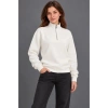 Üç İplik İçi Şardonlu Dik Yaka Yarım Fermuarlı Kışlık Sweatshirt - Beyaz