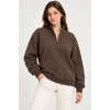 Üç İplik İçi Şardonlu Dik Yaka Yarım Fermuarlı Kışlık Sweatshirt - Kahverengi