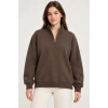 Üç İplik İçi Şardonlu Dik Yaka Yarım Fermuarlı Kışlık Sweatshirt - Kahverengi
