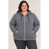 Battal Büyük Beden Üç İplik İçi Şardonlu Kapüşonlu Tam Fermuarlı Kışlık Sweatshirt - Füme