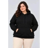 Battal Büyük Beden Üç İplik İçi Şardonlu Kapüşonlu Kanguru Cepli Kışlık Sweatshirt - Siyah