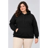 Battal Büyük Beden Üç İplik İçi Şardonlu Kapüşonlu Kanguru Cepli Kışlık Sweatshirt - Siyah