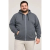 Erkek Battal Büyük Beden Üç İplik İçi Şardonlu Kapüşonlu Tam Fermuarlı Kışlık Sweatshirt - Füme