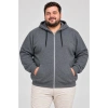 Erkek Battal Büyük Beden Üç İplik İçi Şardonlu Kapüşonlu Tam Fermuarlı Kışlık Sweatshirt - Füme