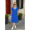 Kadın Kısa Kollu V Yaka Ve Yaka Ribana Detay Midiboy Viskon Elbise