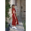 Kadın Kısa Kollu V Yakalı Yandan şerit Ve Yırtmaçlı Viskon Uzun Elbise