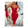 Kadın Askılı Yuvarlak V Yakalı Kaşkorse Midi Elbise