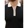 Erkek Yaka Ve Kol Detaylı Fermuar Yakalı Çizgi Desen Kısa Kollu Triko Tişört