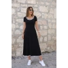 Kadın Kısa Kollu Yuvarlak Yakalı Yakası Renkli Kiloş Midi Viskon Elbise