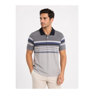 Erkek Flamlı Penye Çizgili Polo Yaka Tişört Kısa Kol Yazlık T-Shirt - Gri