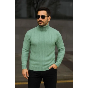 Erkek Balıkcı Yaka Bağazlı Triko Kazak Pamuklu Kalın Fitilli Dokuma, Regular Fit Uzun Kollu Kışlık M