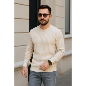 Erkek Bisiklet Yuvarlak Yaka Triko Kazak Pamuklu Kalın Fitilli Dokuma, Regular Fit Uzun Kollu Kışlık