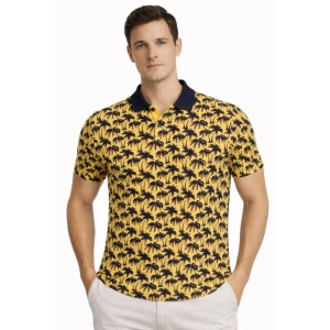Erkek Pike Kumaş Polo Yaka Palmiye Desenli Tişört Kısa Kol Yazlık T-Shirt - Sarı