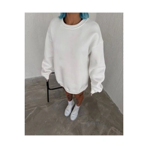 Kışlık Bisiklet Yaka Üç İplik Basic SweatShirt - Beyaz