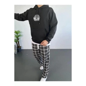 Erkek Sırt Baskılı Kapüşonlu Üç İplik Oversize Sweatshirt - Siyah