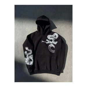 Uzun Kol Kapşonlu Baskılı SweatShirt - Siyah