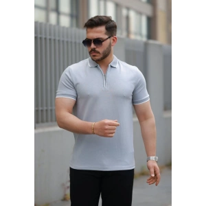 Erkek Fermuar Yakalı çizgi Detaylı Kısa Kollu Tişört