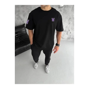 Unisex Bisiklet Yaka Baskılı Oversize T-Shirt - Siyah