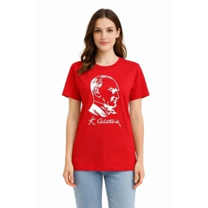 Atatürk Baskılı Tişört Kısa Kollu Bisiklet Yaka T-Shirt - Kırmızı