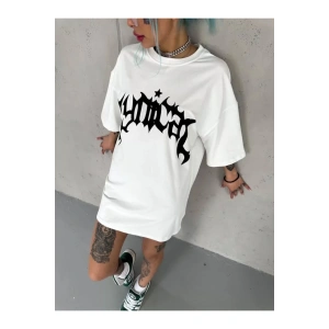 Unisex Bisiklet Yaka Baskılı Oversize T-Shirt - Beyaz