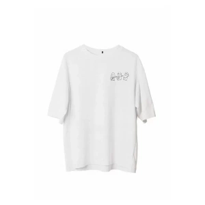 Unisex Bisiklet Yaka Baskılı Oversize T-Shirt - Beyaz