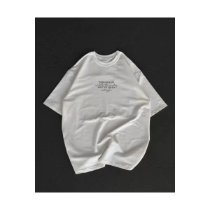 Unisex Bisiklet Yaka Baskılı Oversize T-Shirt - Beyaz
