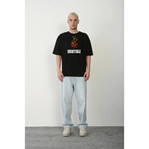 Unisex Bisiklet Yaka Baskılı Oversize T-Shirt - Siyah