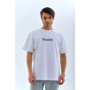 Unisex Bisiklet Yaka Baskılı Oversize T-Shirt - Beyaz