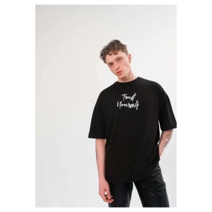 Unisex Bisiklet Yaka Baskılı Oversize T-Shirt - Siyah