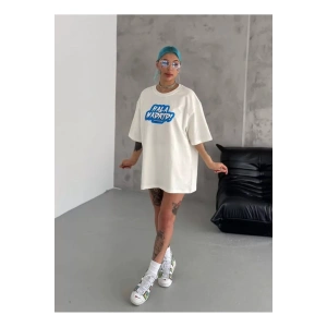 Unisex Bisiklet Yaka Baskılı Oversize T-Shirt - Beyaz