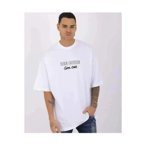 Unisex Bisiklet Yaka Baskılı Oversize T-Shirt - Beyaz