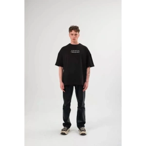 Unisex Bisiklet Yaka Baskılı Oversize T-Shirt - Siyah