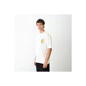 Unisex Bisiklet Yaka Baskılı Oversize T-Shirt - Beyaz