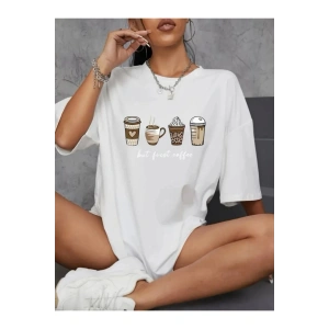 Baskılı Oversize Bisiklet Yaka T-shirt - Beyaz