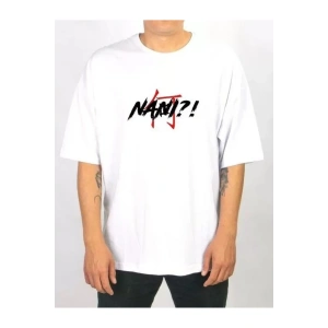 Unisex Bisiklet Yaka Baskılı Oversize T-Shirt - Beyaz