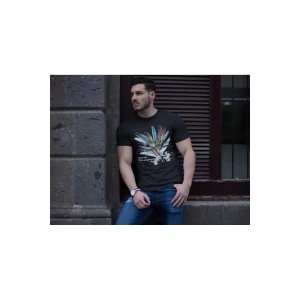 Unisex Bisiklet Yaka Baskılı Oversize T-Shirt - Siyah