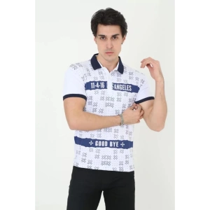 Erkek Yakalı Slim Fit Baskılı T-Shirt - Beyaz