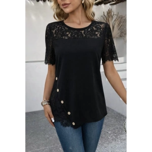 Kadın Kısa Kollu Dantel Detaylı Yandan Düğmeli Waffle Bluz